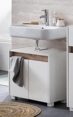 Produktbild von Waschbeckenunterschrank Badezimmer CORATO-80 in Weiß mit Absetzung in Wildeiche Nb., B/H/T: ca. 56,9/54,6/33 cm