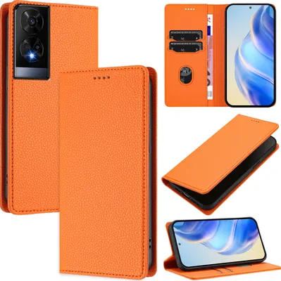 Image de Etui en cuir pour TCL 50XE 5G, cuir Litschi, étui portefeuille avec fentes pour cartes et support Orange