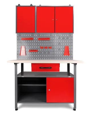 Produktbild von Ondis24 Metall Werkstatt Set 120 cm "Klaus" rot Werkbank  +  2 Schränke Arbeitshöhe 85 cm abschließbar höhenverstellbare Füße Arbeitsplatte Holz Werkstatteinrichtung Packtisch Werktisch Werkstatttisch Montagewerkbank Hängeschrank Werkzeugschrank Werkstattschrank Werkzeugwand Werkstattwand Werkzeughalter Lochblech