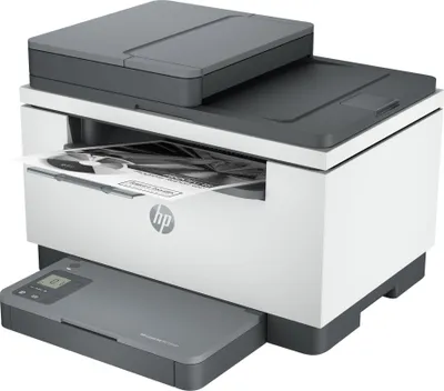 A white and gray HP LaserJet MFP M234 sdn printer is shown from a diagonal front view against a white background. A document is partially ejected from the paper output tray.