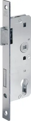 A close-up, studio shot of a metal door lock mechanism.