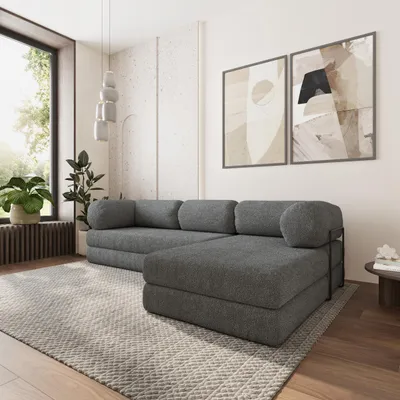 Produktbild von Masseno Ecksofa KELI mit Metallgestell, Modulares Schlafsofa aus Schaumstoff, Klappbares Bodensofa, Schlaffunktion - Grau, QUELLE 92