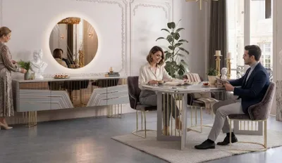 Zdjęcie produktu dla Nowoczesna komoda w kolorze białym i złotym. Elegancka szafka do salonu