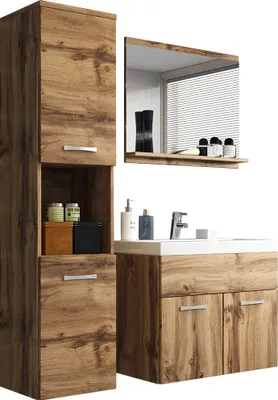 Produktbild von MIRJAN24 Badmöbel-Set Montreal, Badezimmer-Set mit Spiegel und Waschbecken (Farbe: Wotan, mit Siphon)