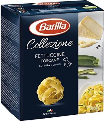 A product box for Barilla Fettuccine Toscane pasta.