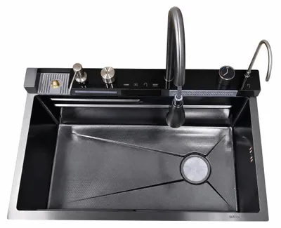 Produktbild von Küchenspüle - Einbau-Spülbecken mit Einzelbecken - Edelstahl 304 - Wasserfallfunktion - 1 Hahnloch - 80 x 45 x 23 cm - Schwarz