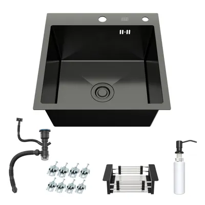Obrázek produktu pro ANW HOME Kuchyňský dřez 50 x 50 cm, černý grafit, PVD, nerezová ocel 304, vestavný dřez, montáž na desku, 1 umyvadlo se sifonem, dávkovač mýdla, příslušenství