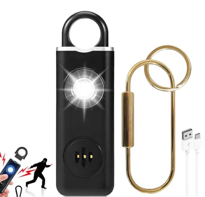 Productafbeelding van Persoonlijk alarmsysteem, 130 dB - met LED-zaklamp - Luid veiligheidsalarm als sleutelhanger - Oplaadbaar via USB - Geschikt voor vrouwen, kinderen en senioren - Zwart