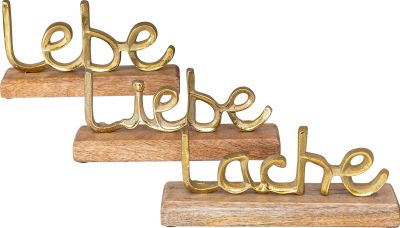 3er Set Schriftzug Lebe Lache Liebe L22cm Metall Gold Mango Holz Tisch-Deko