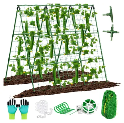 Produktbild von Gurken-Rankhilfe für Hochbeete, 45 x 53 Zoll Verstellbares A-Rahmen-Gartengerüst für Kletterpflanzen im Freien mit Kletternetz und Pflanzstützclip