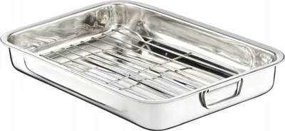 A stainless steel roasting pan with a wire rack inside, shown from a slightly elevated angle against a white background.