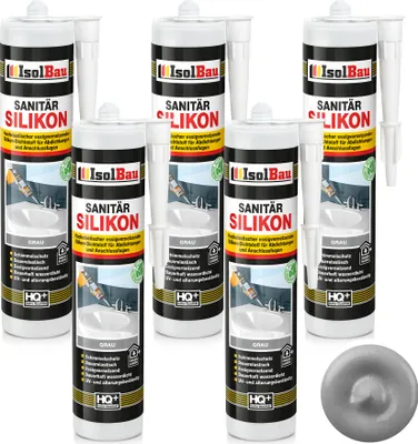 Produktbild von Isolbau Sanitär Silikon 5 x 300 ml Grau - Hochelastischer Silikon-Dichtstoff für Abdichtungen & Fugen – Schimmelresistent, wasserdicht -  Kartusche