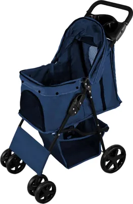 Obrázok produktu pre Prepravka pre domáce zvieratá, námornícka modrá, skladateľná cestovná prepravka, nosnosť 15 kg, 4 kolesá, brzdy, pre mačky a psov, bezpečnostný háčik, vodítko, vankúš, sieťované okienko, košík, držiak na nápoje, nepremokavá pláštenka