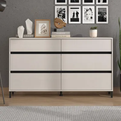 Image de Mapelloo - Commode, 157x40x90h cm Beige, 6 Tiroirs