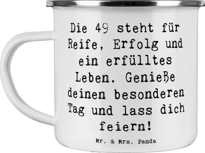 Produktbild von Mr. & Mrs. Panda Teetasse Spruch 49. Geburtstag - Weiß - Geschenk, Glück, liebevolle Geschenke, Pott, Emailletasse, Glückwunsch, Liebe, Lebensjahre, Emaille Becher
