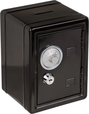 A black metal piggy bank shaped like a safe is shown against a white background.