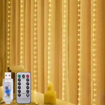 Produktbild von Salcar LED Lichterkette Lichtervorhang 2X2 m 200 LED Lichterkette Weihnachten USB mit Fernbedienung Timer 8 Modi für Fenster Hochzeit Party Deko