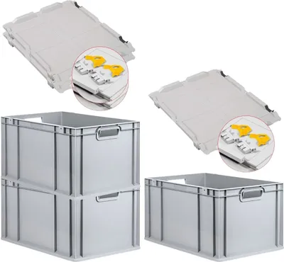 Produktbild von SuperSparSet 3x Eurobox NextGen Grip mit Scharnierdeckel und gelben Schiebeschnappverschlüssen | HxBxT 32x40x60cm | 65 Liter | Grau | Griffe offen | Verstärkter Boden | Eurobehälter, Transportbox, Transportbehälter, Stapelbehälter