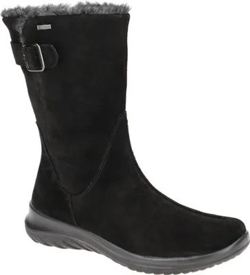 A black suede boot with fur trim and a buckle detail.