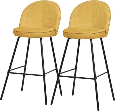 Produktbild von Barhocker 2er Set Senf mit Stoffbezug, 75 cm hoch, Gepolsterte Barstühle mit Stahlgestell, Küchenstühle mit Rückenlehne und Fußstütze, Tresenhocker Bistrohocker Thekenhocker Küchenhocker