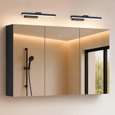 Image de doporro Armoire Murale Salle de Bains avec Miroir et Lampe Strahlenschön Noir Placard de Rangement Étagères Réglable Anthracite Mat en Bois Armoire de Toilette 3 Portes 120x15x70 cm Spiegelschrank 02