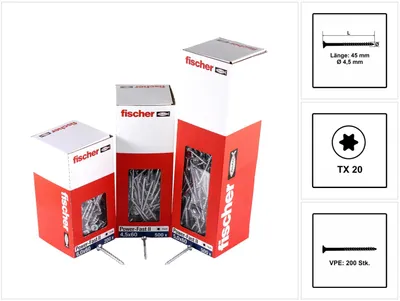 Produktbild von fischer Spanplattenschraube PowerFast, FPF II CTP 4,5 x 45 BC 200 Senkkopf mit Innenstern TX Teilgewinde galvanisch verzinkt, blau passiviert, 200 Stück