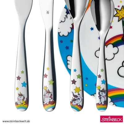 Imagen del producto de WMF. Set de artículos para niños, 6 piezas. Diseño de unicornio. Acero inoxidable pulido