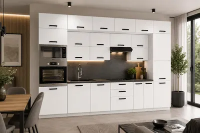 Produktbild von ULWEHOME | Küchenzeile 300 cm Mattweiß, Küchenmöbel-Set Weiß Matt mit Backofen-Mikrowellenschrank, Vorratsschrank & geteilten Arbeitsplatten 120 cm, KI-generiertes Bild