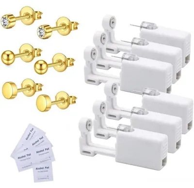 Immagine prodotto di Set di 6 pistole per piercing alle orecchie, monouso, sterili, indolori, con tappi per orecchie in oro