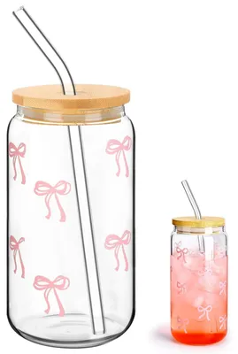 Trinkglas mit Deckel und Strohhalm, 500 ml, rosa