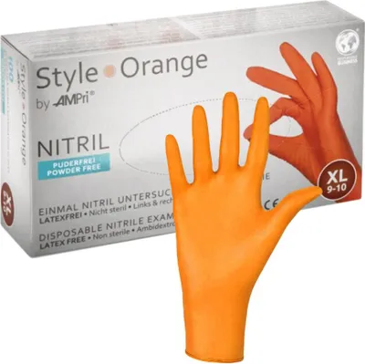 Zdjęcie produktu dla Rękawiczki nitrylowe AMPri STYLE ORANGE pomarańczowe bezpudrowe 100 sztuk rozmiar XL