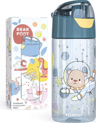 Produktbild von Trinkflasche Kinder 450ml, leichte Tritan Wasserflasche, BPA frei, auslaufsicher, Kohlensäure geeignet, spülmaschinenfest, Jungen, Mädchen  - Bär
