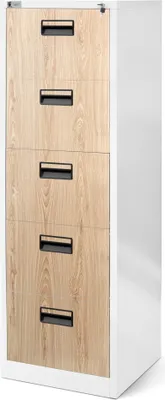 A white filing cabinet with wood-effect drawer fronts.
