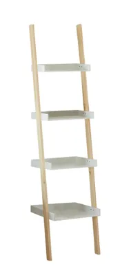A ladder shelf unit with four shelves, made of wood and white material, is shown against a white background.