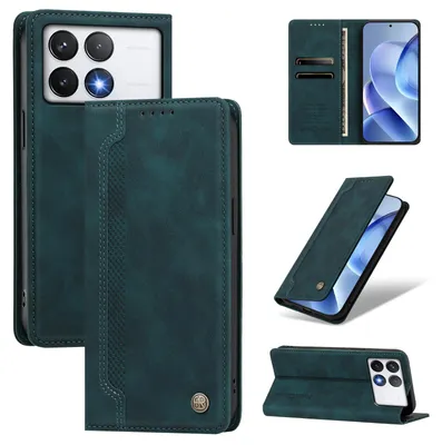 Image de Étui pour Xiaomi Poco F6 Pro, en cuir PU, type portefeuille avec compartiments pour cartes et support intégré, couleur verte