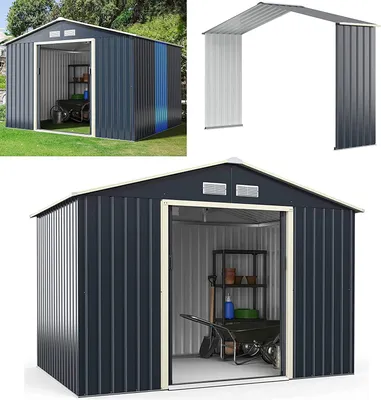 Obrázek produktu pro Kovová kůlna na nářadí COSTWAY prodloužená-277x255x202cm, uzamykatelná kůlna na nářadí, zahradní kůlna se 4 větracími otvory a posuvnými dveřmi