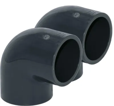 Produktbild von HAF 2x PVC Fittings Winkel 90° mit 50mm x 50mm | Klebemuffe x Klebemuffe | Winkelverbinder aus grauem PVC-U | PN16 für PVC Rohr, Schwimmbad & Teich