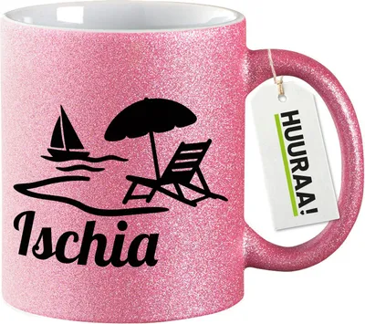 Produktbild von Huuraa Glitzertasse Ischia Inselmotiv Italien 330ml Pink Keramik Kaffeebecher Geschenkidee