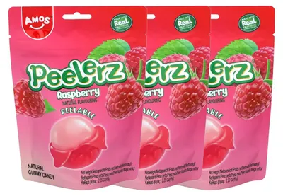 Productafbeelding van Amos Peelerz Gummies, frambozen, met fruitige vulling, 65g, 3-pack