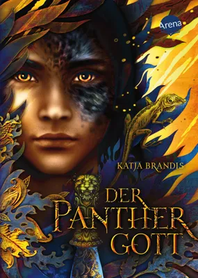 A fantasy book cover featuring a person with panther-like markings on their face, surrounded by ornate foliage and a lizard.