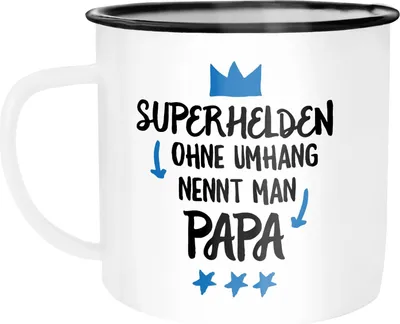 Produktbild von Emaille Tasse Becher Superhelden ohne Umhang nennt man Papa Geschenk Kaffeetasse Moonworks® weiß-schwarz unisize