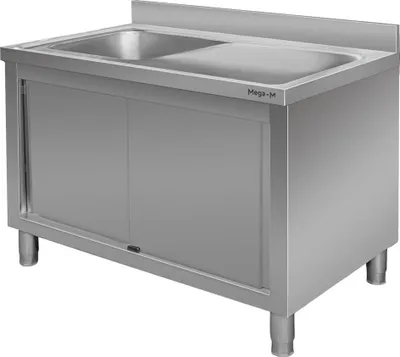 Zdjęcie produktu dla Gastronomiczny stół ze stali nierdzewnej przyścienny ze zlewem po lewej stronie i z szafką Mega-M 140x70x85 cm