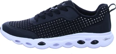 A side view of a black and white athletic shoe.