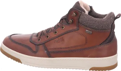 A side view of a brown leather bootie.