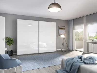 Zdjęcie produktu dla Schwebetürenschrank >Aurelia< in weiß Hochglanz - 261x210x59 (BxHxT)