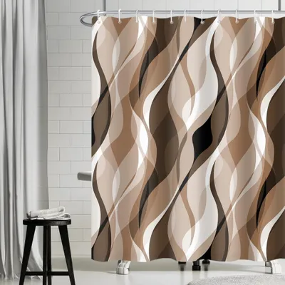 Obrázok produktu pre Záves do sprchy, 180 x 200 cm, hnedý, s geometrickým vzorom, odolný proti plesniam, vodotesný, s 12 háčikmi
