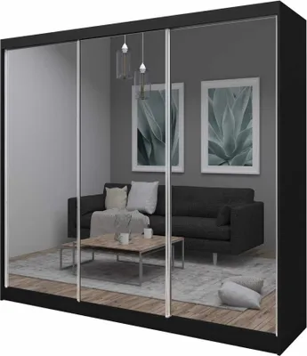 Produktbild von AGMAT Schwebetürenschrank Bora, Kleiderschrank mit 3 Türen, Moderne Garderobe in Farbe: Schwarz, Schrank in Größe: 240 x 216 x 61 cm