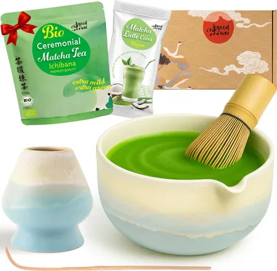 Immagine prodotto di Set matcha latte "Fuji Blue" con ciotola con beccuccio, frustino e matcha + latte al cocco – set per latte e cerimonia del tè
