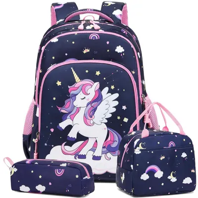 Immagine prodotto di Set da zaino per bambini, composto da 3 pezzi, con motivo unicorno, nuvola, blu navy e rosa, adatto a bambine delle elementari (classi 1-3)