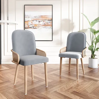 Two gray upholstered dining chairs with rattan accents are placed in a well-lit room with a large abstract painting on the wall and a potted plant.
